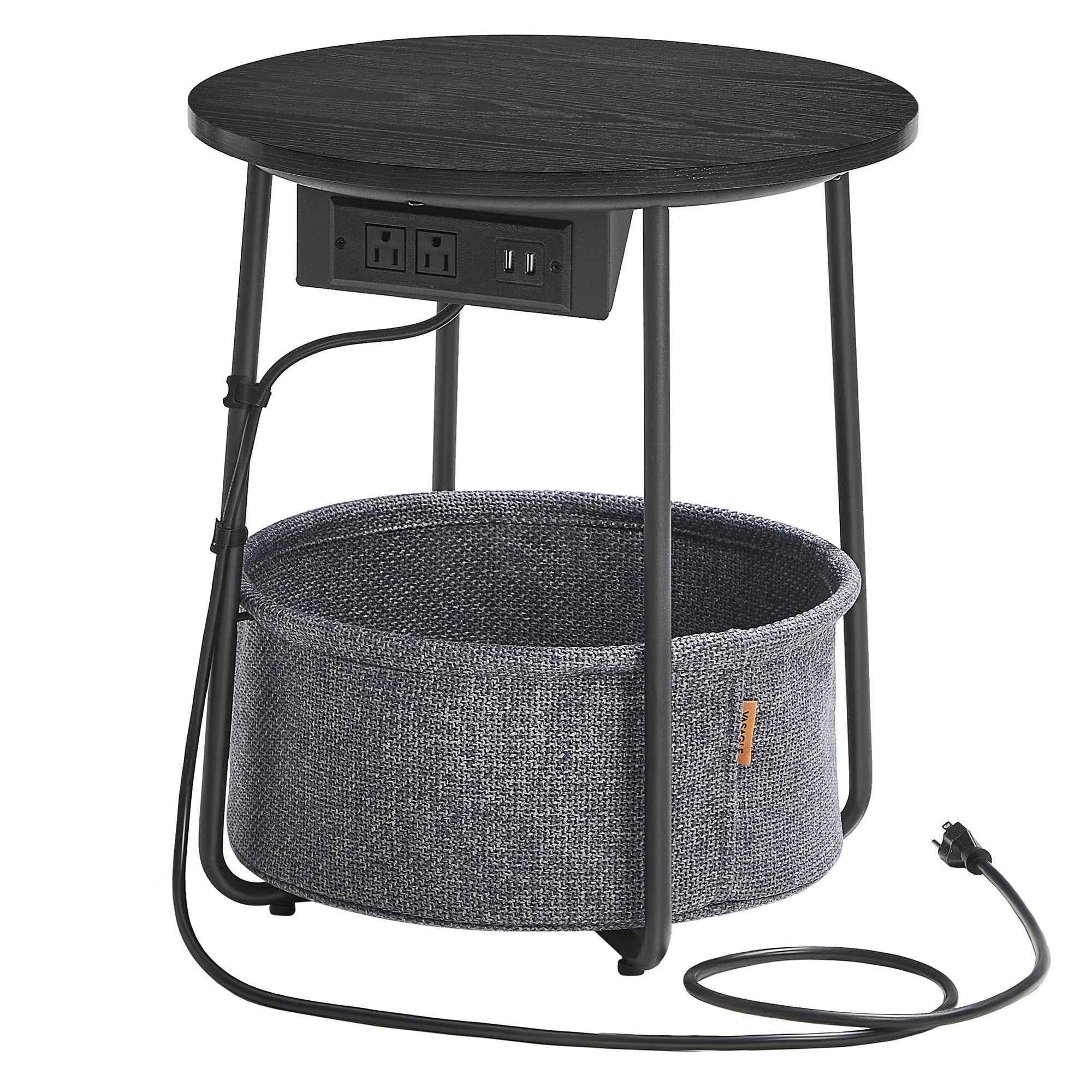 Ebony Black and Slate Gray Round Metal Side Table with Charging Station