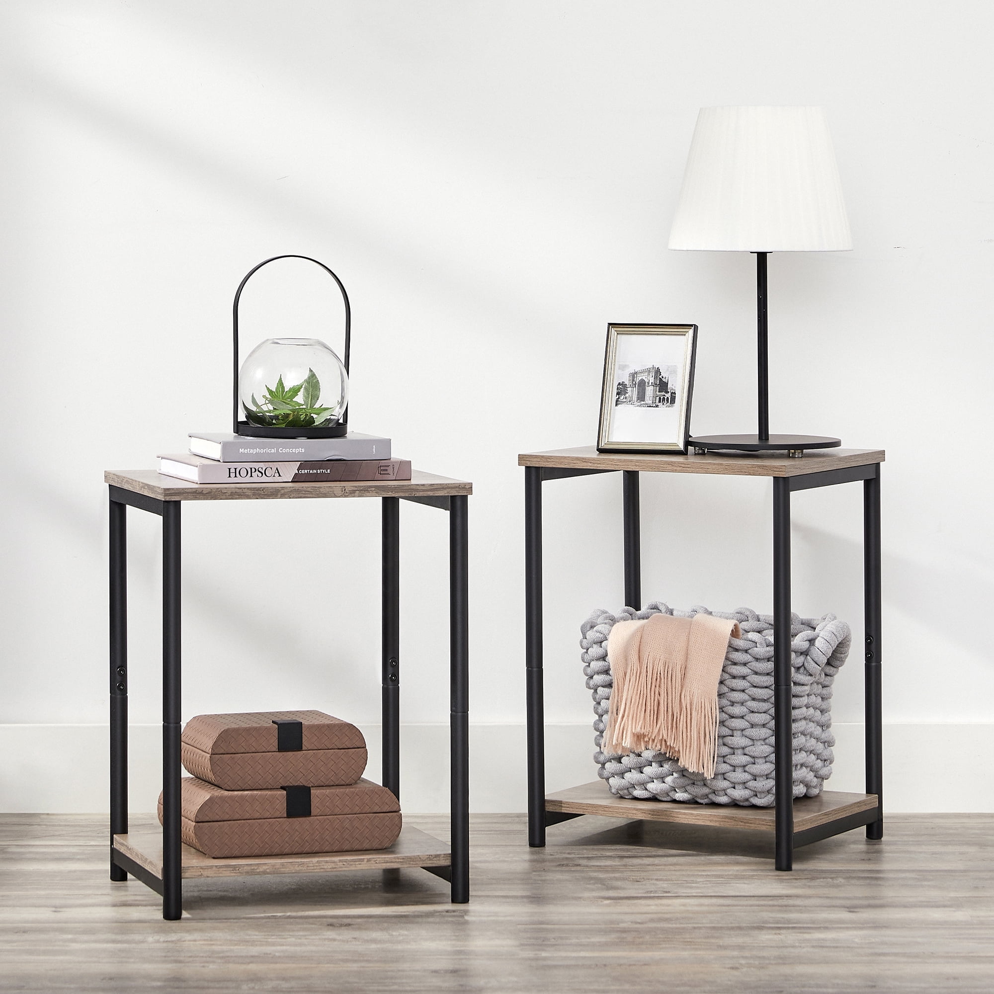 Rustic Brown and Black 2-Tier Particleboard End Tables Set