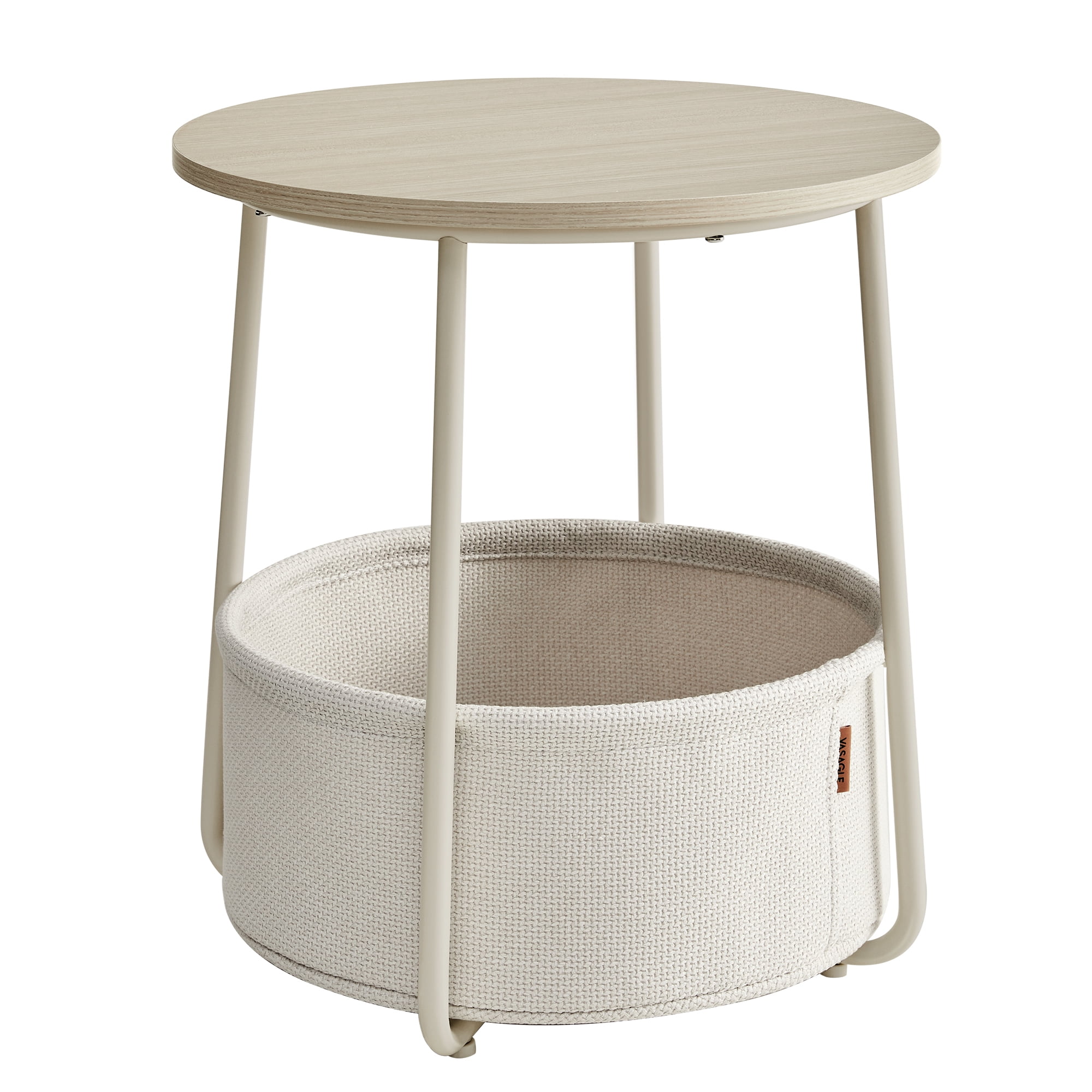 Cream White Round Side Table with Fabric Basket