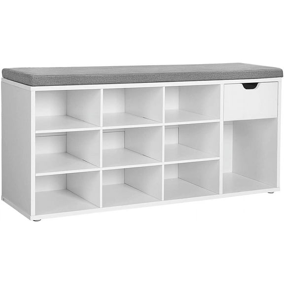 Storage Bench Entryway Bench with Cushion Drawer and Open Compartments Bench with Storage for Living Room White