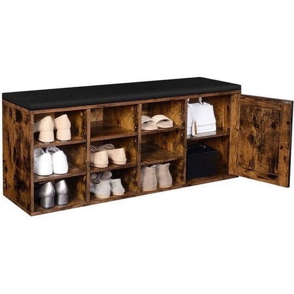 VASAGLE Storage Bench with Cupboard and 9 Open Compartments Shoe Shelf Padded Seat Barn Door 11.8 x 43.3 x 18.9 Inches Rustic Brown