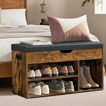 Storage Bench with Cushion, Shoe Bench with Hidden Storage, 3 Compartments, Rustic Brown and Black