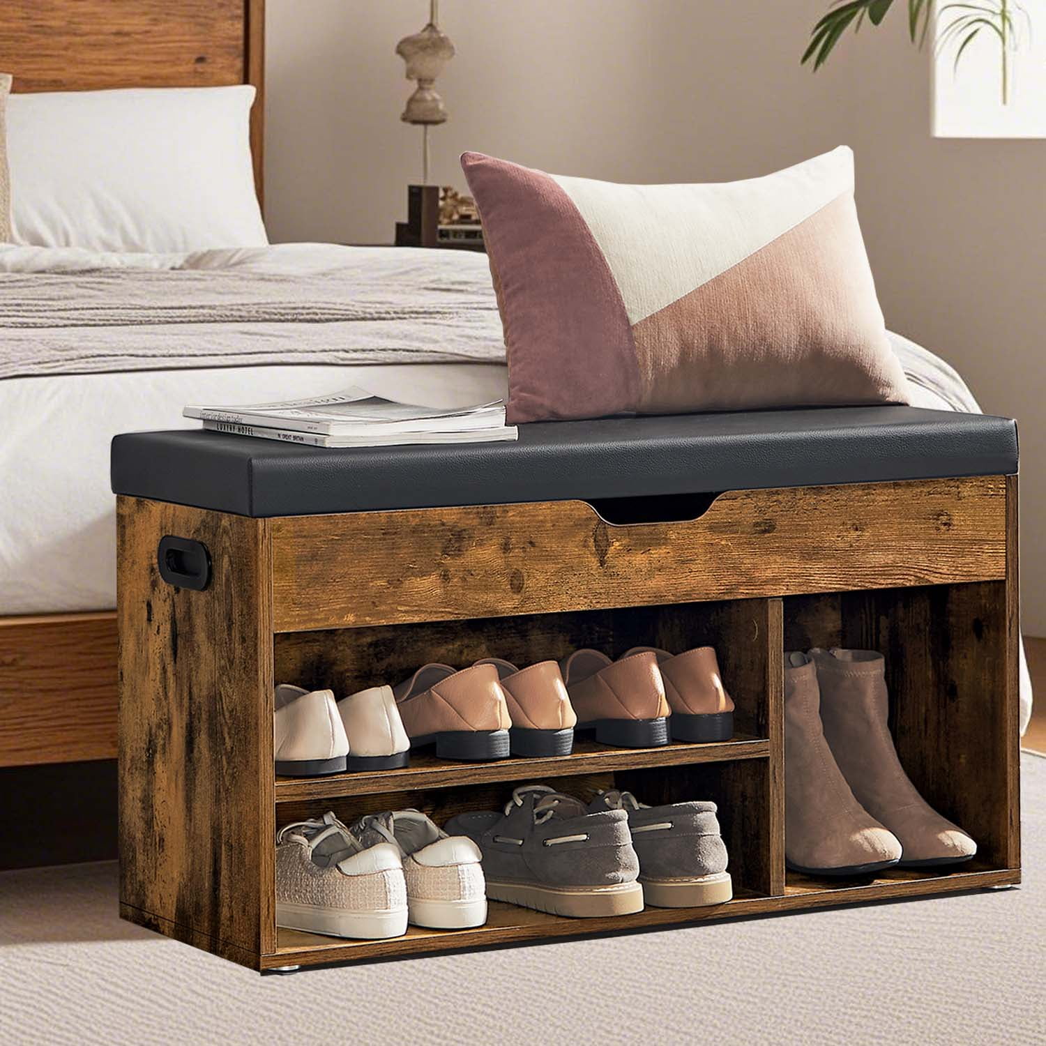 Rustic Brown and Black Upholstered Storage Bench with Cushion