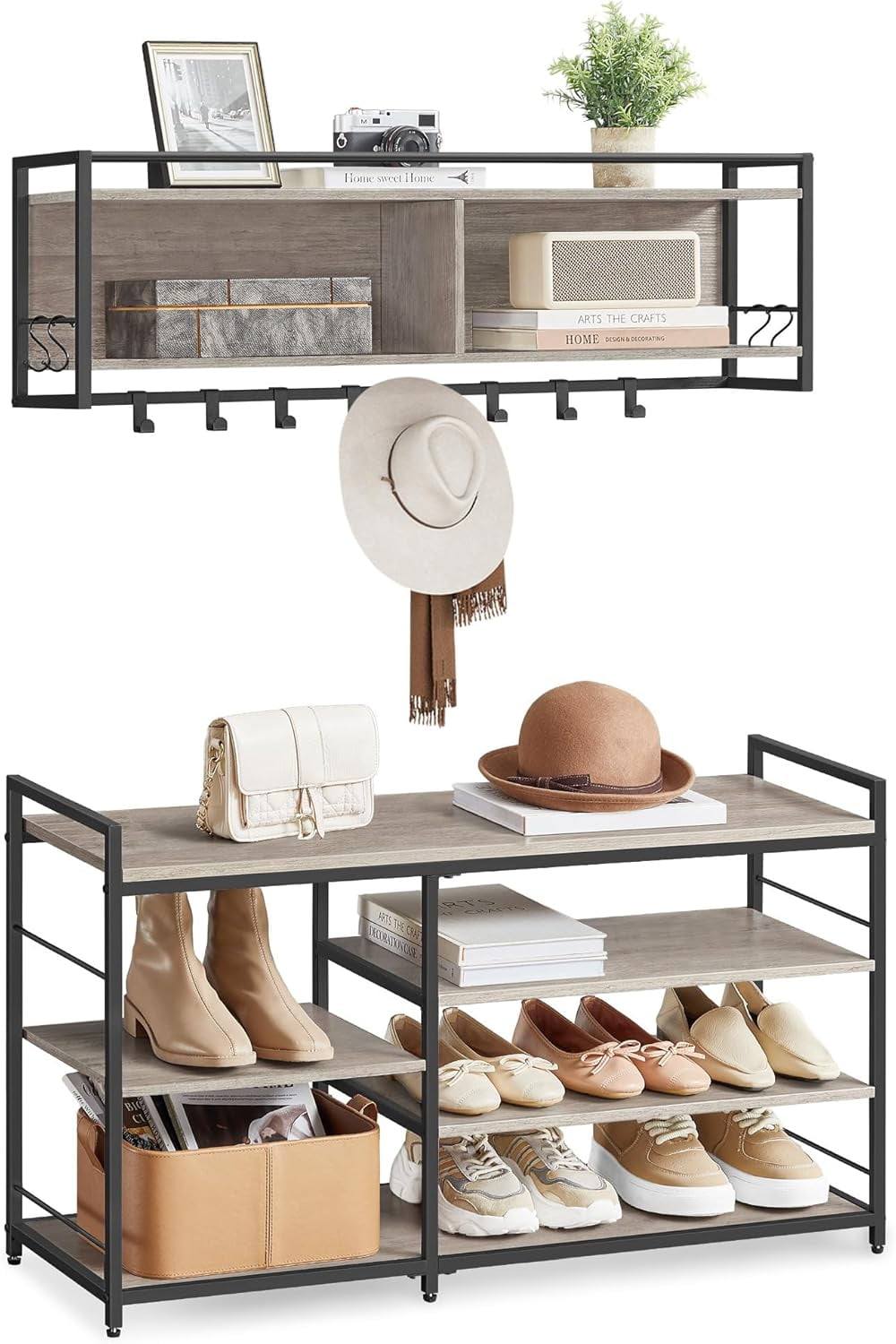 Gray Adjustable 4-Tier Shoe Storage Bench with Metal Frame