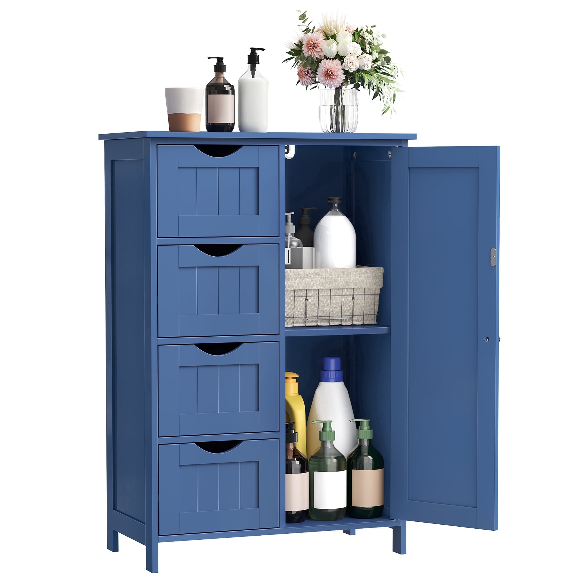 VASAGLE Storage Cabinet with Drawers, Freestanding Floor Cabinet with Door, 11.8 x 21.7 x 32.3 Inches, Adjustable Shelf, Bihou Blue