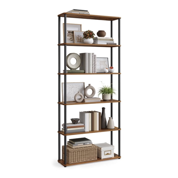 VASAGLE Superfast Toolless Assembly, 6-Tier Shelf for Living Room, Standing Shelf, Bookshelf, Bedroom, Kitchen, Rustic Brown and Ink Black
