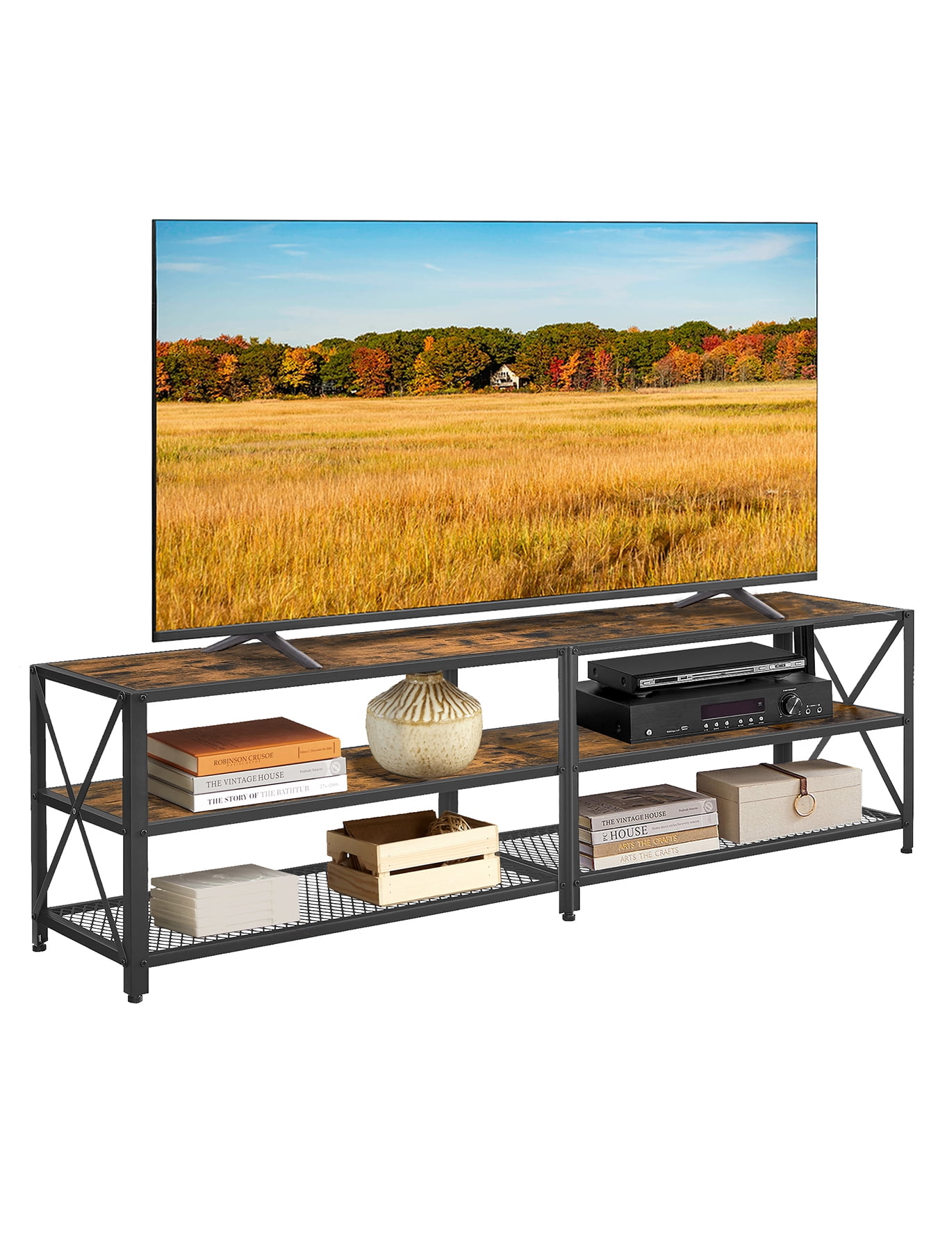 Rustic Brown and Black 75" Steel Frame TV Stand with Shelves
