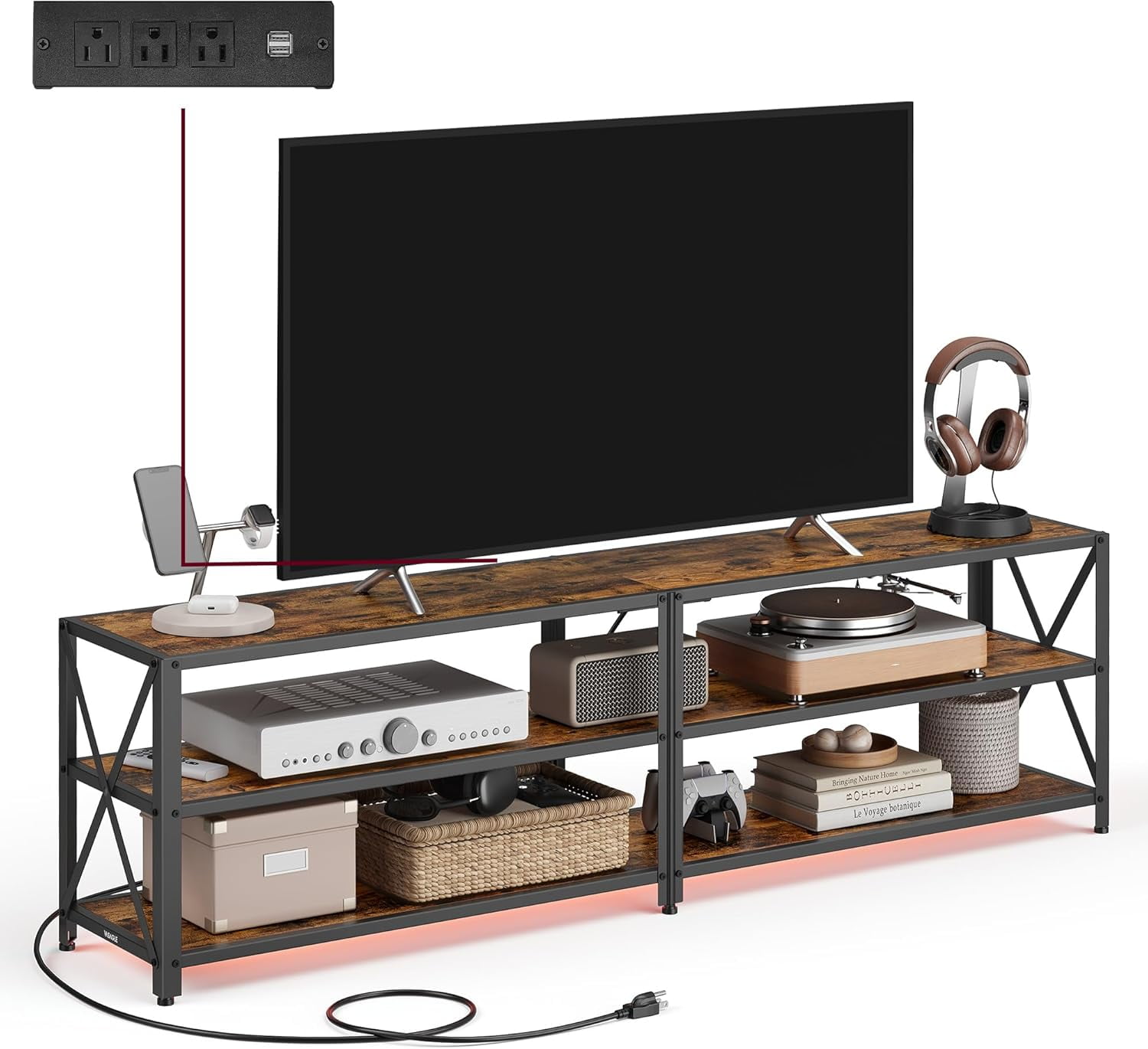 Rustic Brown and Black Particle Board TV Stand with Power Outlets