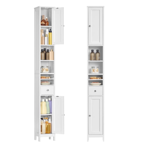 VASAGLE Tall Bathroom Cabinet, Slim Freestanding Bathroom Storage Cabinet with Adjustable Shelves, Drawer, Open Compartments, for Small Spaces, Modern, Cloud White