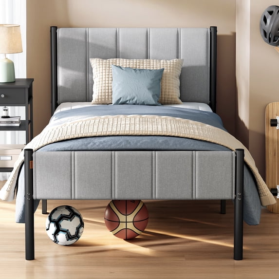 VASAGLE Twin Bed Frame with Upholstered Headboard, Metal Bed Frame Twin Size with Footboard, 550 lb Weight Capacity, Steel Slats, Easy Assembly, No Box Spring Needed, Dove Gray