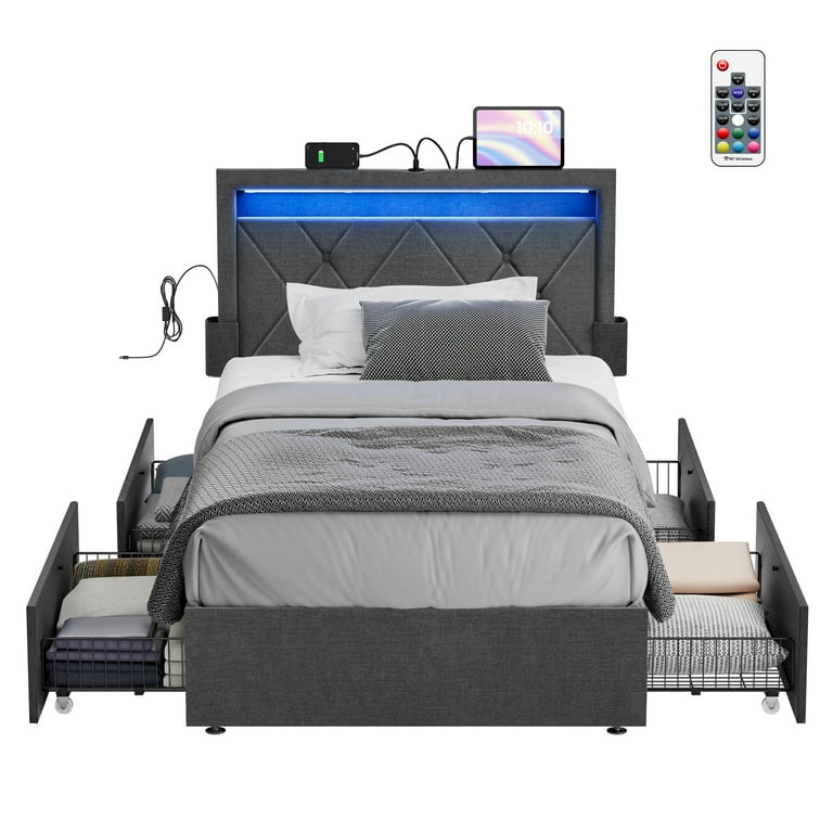 VASAGLE Twin Size LED Bed Frame with Headboard and 4 Drawers Storage Adjustable Upholstered Headboard 1 USB Port and 1 Type C PortNo Box Spring Needed