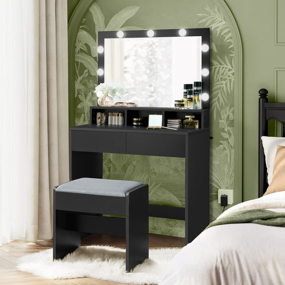 Vanity Desk with Mirror and Lights, Makeup Vanity with Upholstered Vanity Stool, Ink Black