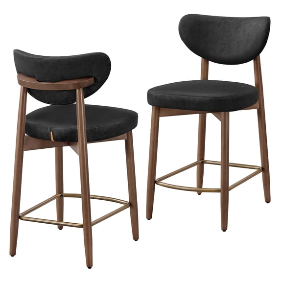 VASAGLE Wooden Bar Stools Set of 2, Upholstered Counter Height Barstools with Solid Wood Legs, Ergonomic Backrest, Synthetic Leather, Ink Black