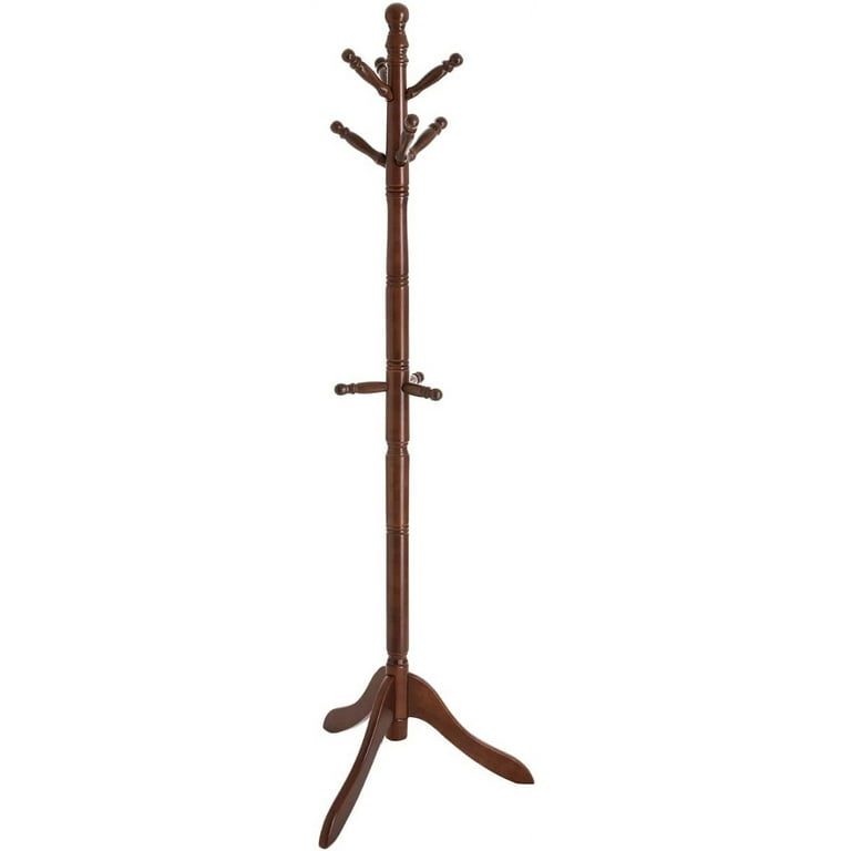 VASAGLE Solid Wood Coat Rack Free Standing Hall Tree with 10 Hooks Rubberwood Dark Walnut