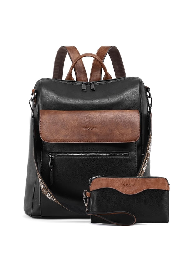 Backpack Purse for Women, Large Vegan Leather Backpack Purse with Wallet Pouch Set Convertible Handbag for Ladies Guitar Strap Black and Brown Y101