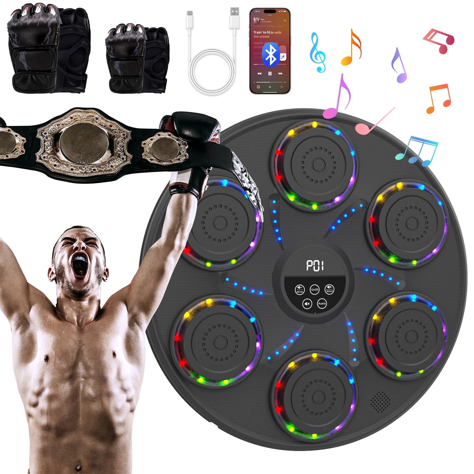 VASDEV Music Boxing Machine Smart Bluetooth Boxing Equipment for Adults and Kids Home Gym Workout Exercise（2 Pairs of Gloves，Delivery within 5 days
