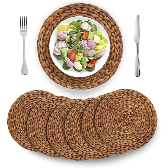 VASGOR 12" Brown Woven Placemats Round Set Of 6 - Natural Water Hyacinth Weave Placemat for Dining Table, Large Handmade Placemats Heat Resistant Non-Slip
