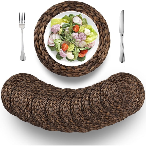VASGOR 12" Rustic Woven Placemats Round Set Of 10 - Natural Water Hyacinth Weave Placemat for Dining Table, Large Handmade Placemats Heat Resistant Non-Slip