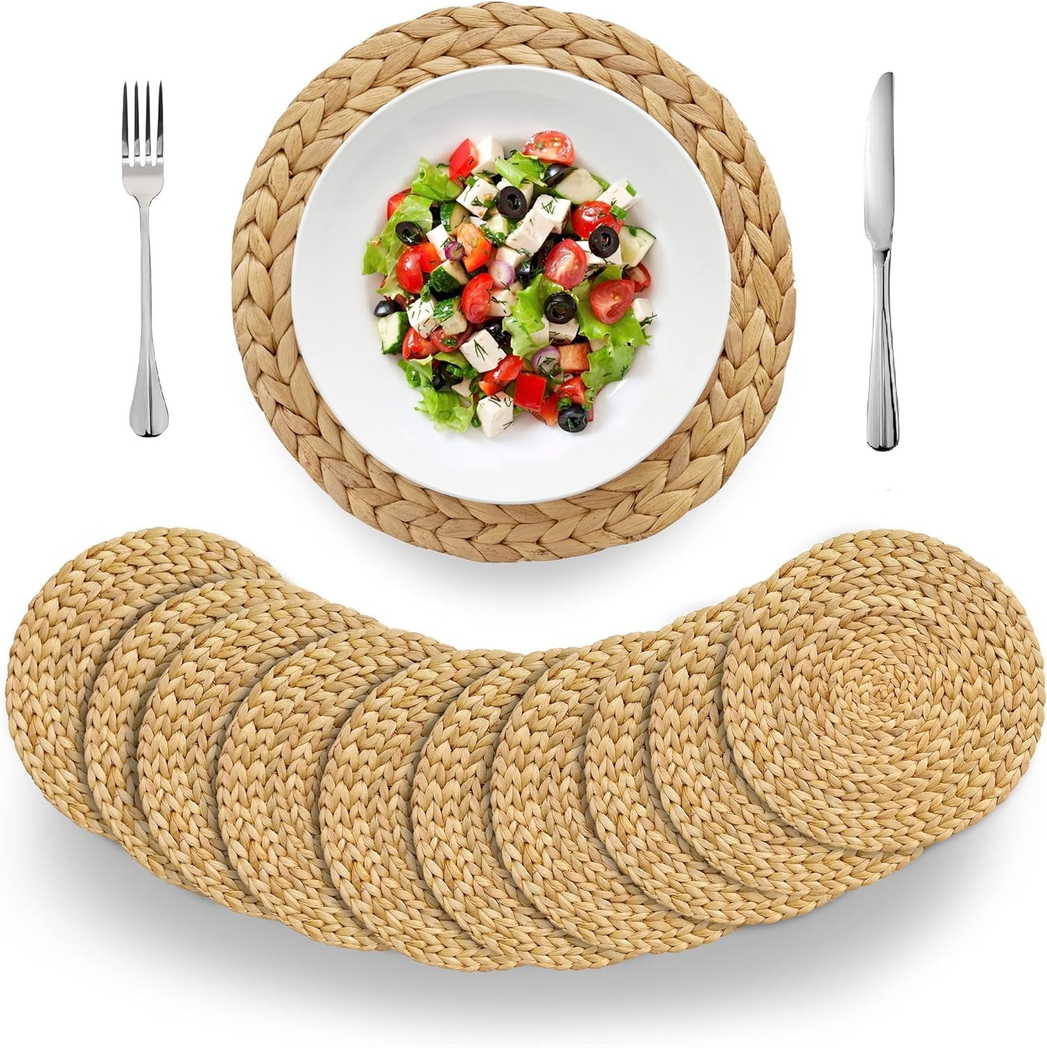 VASGOR 12" Woven Placemats Round Set of 10, Natural Water Hyacinth Weave Placemat for Dining Table, Large Handmade Woven Placemats Heat Resistant Non-Slip