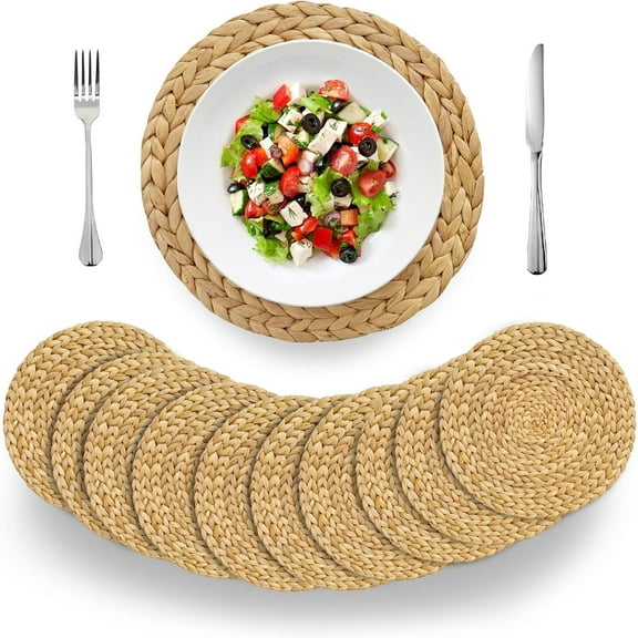 VASGOR 12" Woven Placemats Round Set of 10, Natural Water Hyacinth Weave Placemat for Dining Table, Large Handmade Woven Placemats Heat Resistant Non-Slip