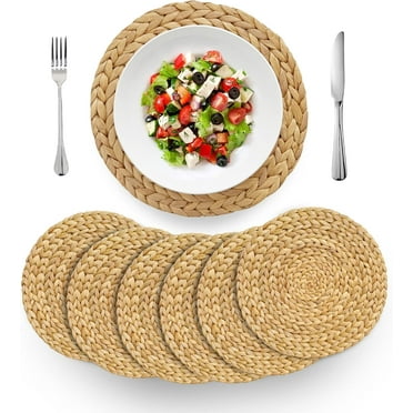 VASGOR 12" Woven Placemats Round Set Of 6 - Natural Water Hyacinth Weave Placemat for Dining Table, Large Handmade Placemats Heat Resistant Non-Slip