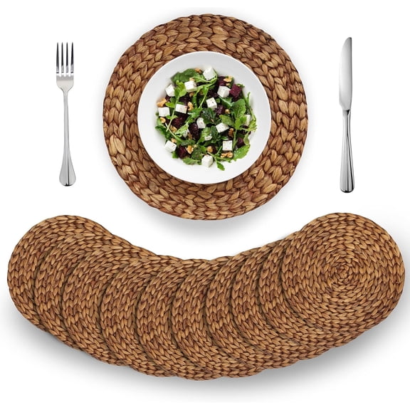 VASGOR 13" Brown Woven Placemats Round Set Of 10 - Natural Water Hyacinth Weave Placemat for Dining Table, Large Handmade Placemats Heat Resistant Non-Slip