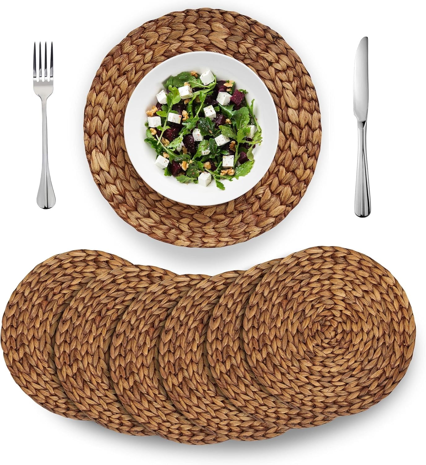 VASGOR 13" Brown Woven Placemats Round Set of 5, Natural Water Hyacinth Weave Placemat for Dining Table, Large Handmade Woven Placemats Heat Resistant Non-Slip - Walmart.com