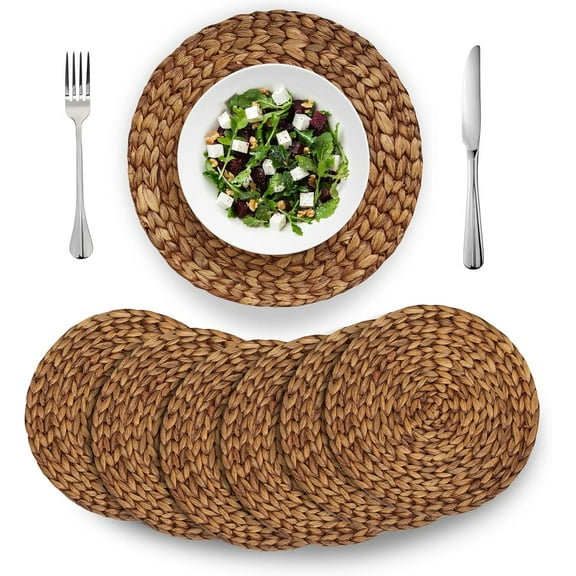 VASGOR 13" Brown Woven Placemats Round Set of 5, Natural Water Hyacinth Weave Placemat for Dining Table, Large Handmade Woven Placemats Heat Resistant Non-Slip
