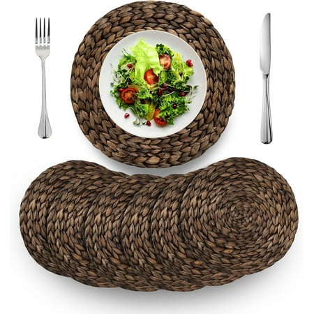 VASGOR 13" Rustic Woven Placemats Round Set Of 6 - Natural Water Hyacinth Weave Placemat for Dining Table, Large Handmade Placemats Heat Resistant Non-Slip