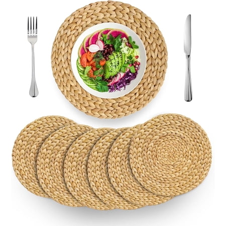 VASGOR 13" Woven Placemats Round Set of 6, Natural Water Hyacinth Weave Placemat for Dining Table, Large Handmade Woven Placemats Heat Resistant Non-Slip