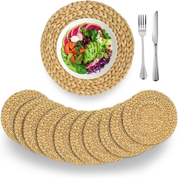 VASGOR 14" Woven Placemats Round Set Of 10 - Natural Water Hyacinth Weave Placemat for Dining Table, Large Handmade Placemats Heat Resistant Non-Slip