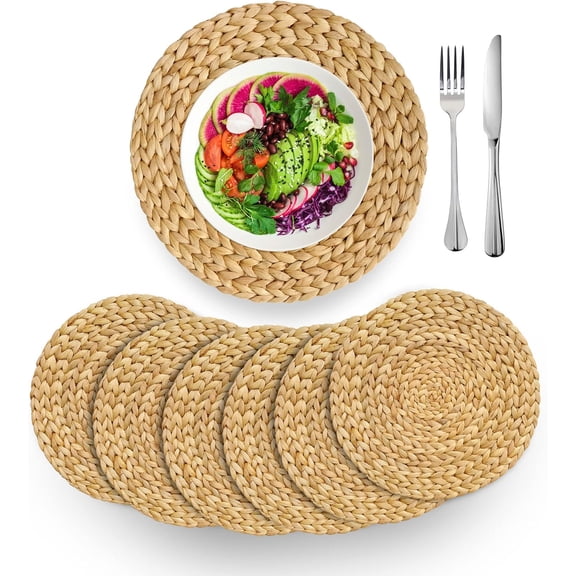VASGOR 14" Woven Placemats Round Set Of 6 - Natural Water Hyacinth Weave Placemat for Dining Table, Large Handmade Placemats Heat Resistant Non-Slip