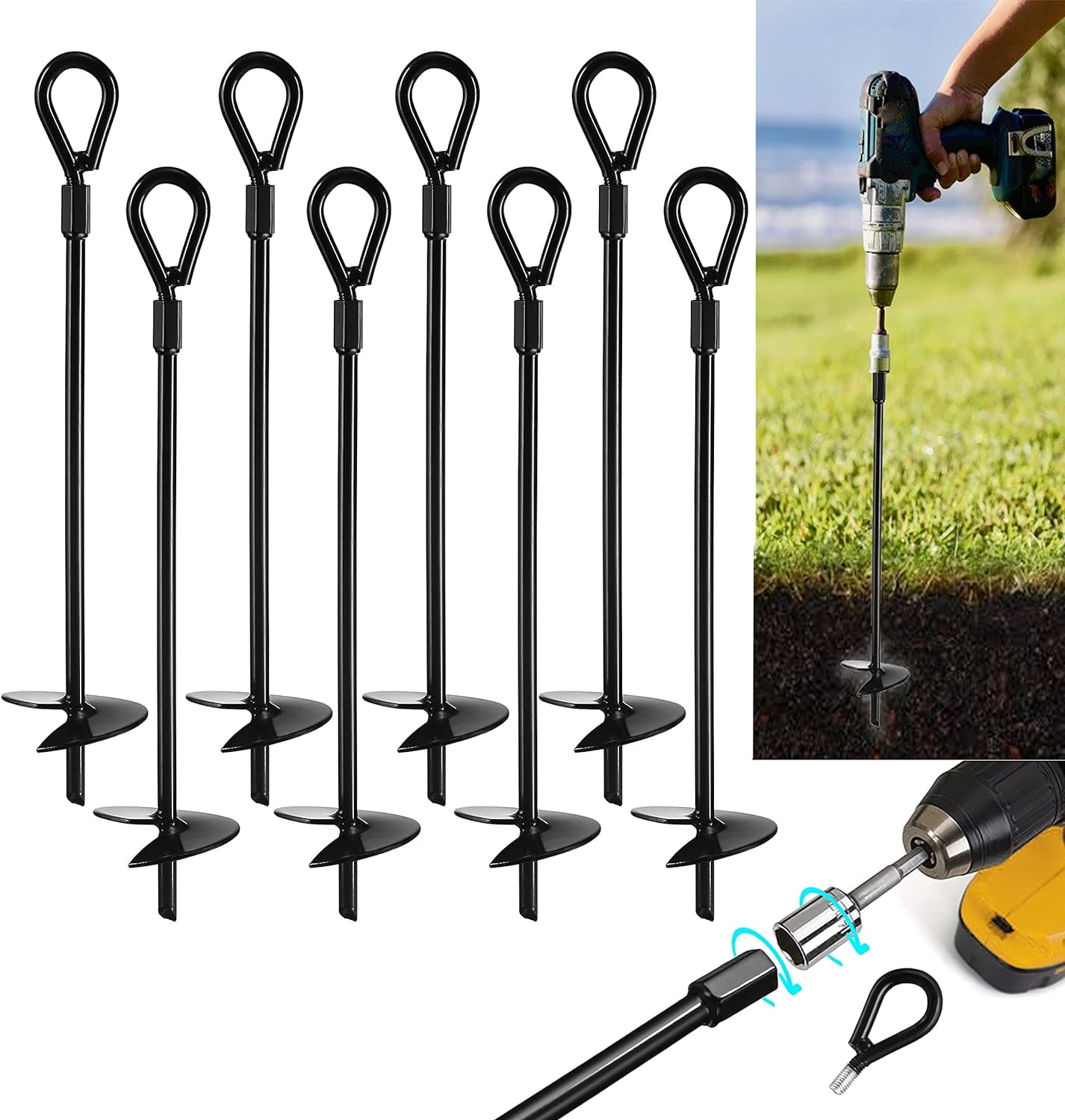 VASGOR 15” Ground Anchors (8pcs) Easy to Use with Drill, 3" Helix Diameter, Heavy Duty Anchor Hook for Camping Tent, Canopies, Car Ports, Sheds, Swing Sets, Securing Animals – Black Powder Coated