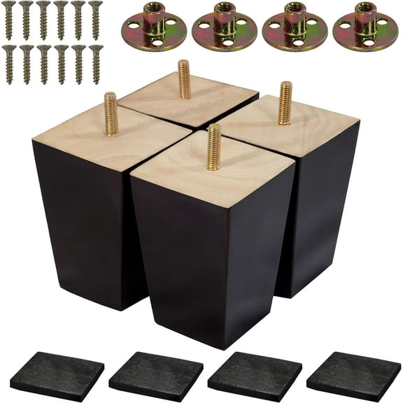 VASGOR 4 inch Wood Furniture Legs - Square Sofa Legs, Couch Leg - Brown Mid-Century Modern Replacement Legs for Armchair Recliner Coffee Table Dresser (4 PCS)