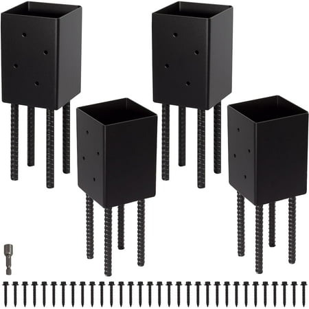 VASGOR 4x4 Post Base Holder Ground Spike Use for Concrete Deck - Post Anchor Brackets Metal Black Powder Coated 4 Inches x 4 Inches (Inner Dia 3.5x3.5) 4 Pack