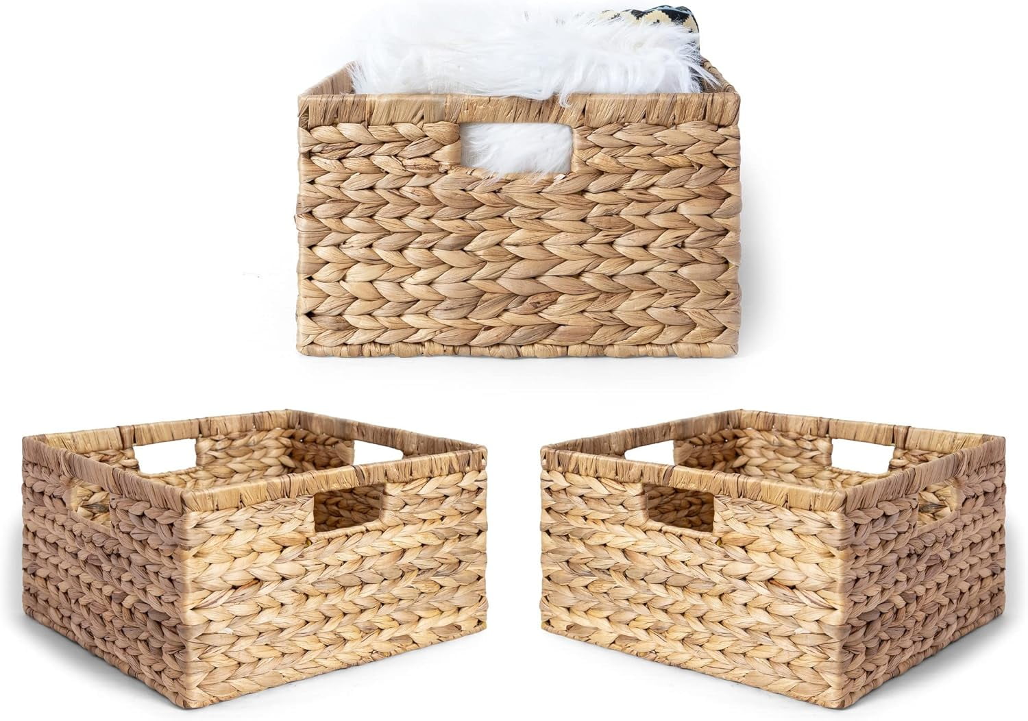 VASGOR Large 14.5” x 13.5” x 8” (Set of 3) Natural Water Hyacinth Woven Storage Baskets, Rectangular Wicker Basket with Built-in Handles, Large