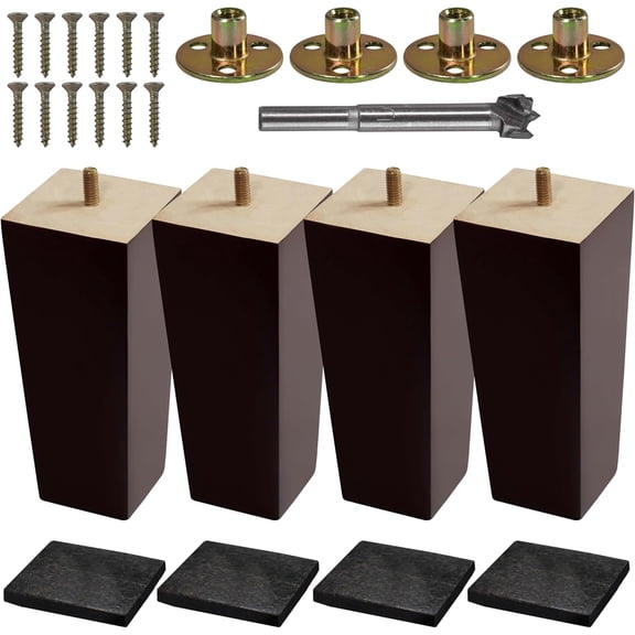 VASGOR Set of 4 Wood Furniture Legs (Drill Bit Included) - Square Sofa Legs, Couch Leg - Brown Mid-Century Modern Replacement Legs for Armchair Recliner Coffee Table Dresser (6")