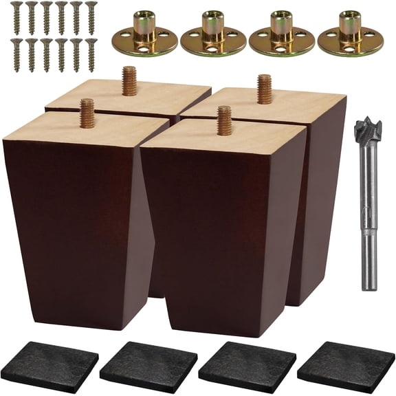 VASGOR Set of 4 Wood Furniture Legs (Drill Bit Included) - Square Sofa Legs, Couch Leg - Brown Mid-Century Modern Replacement Legs for Armchair Recliner Coffee Table Dresser (4")