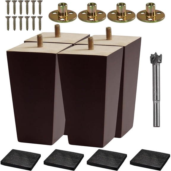 VASGOR Set of 4 Wood Furniture Legs (Drill Bit Included)- Square Sofa Legs, Couch Leg - Brown Mid-Century Modern Replacement Legs for Armchair Recliner Coffee Table Dresser (5")