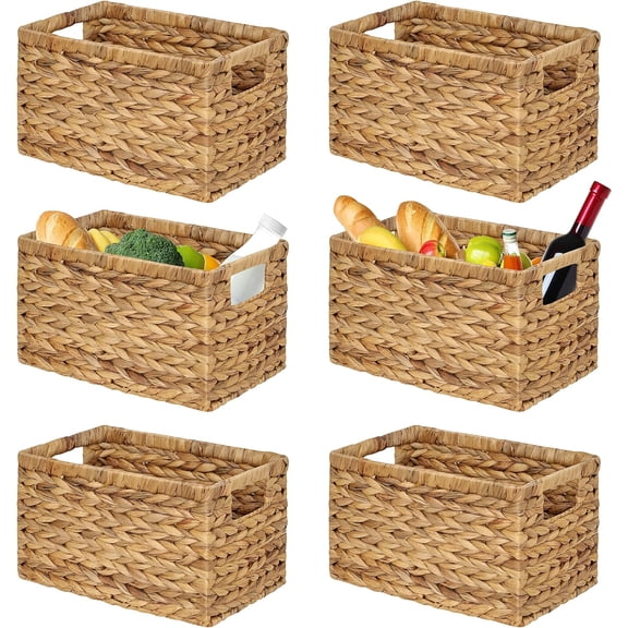 VASGOR Set of 6 Natural Water Hyacinth Woven Storage Baskets 12.6 x 8 x 7, Rectangular Wicker Basket with Built-in Handles