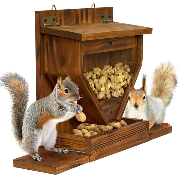 VASGOR Wood Squirrel Feeder , Funnel Squirrel Feeders for Outside Winter, Wooden Chipmunk Feeder for Corn, Peanuts, Durable Box Easy to Fill with Removable Top Panel