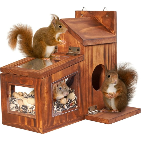 VASGOR Wood Squirrel Feeder, Squirrel Feeders for Outside Winter, Wooden Chipmunk Feeder for Corn, Peanuts, Durable Box Easy to Fill with Removable Top Panel