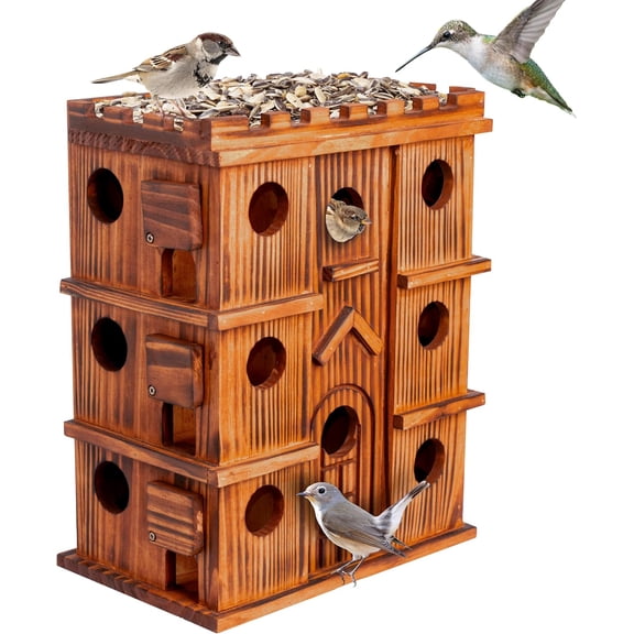 VASGOR Wooden Bird Houses for Outside 14 Rooms Large Bird House, Carbonized Pine Rustic Finish, 1.5" Entrance Holes, Cleaning Doors, Outdoor Birdhouse Nesting Box