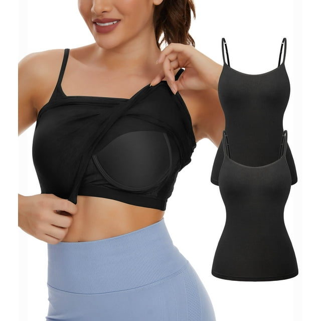 Vaslanda 2 Packs Womens Tank Tops with Built in Bras Scoop Neck Women Camisole Summer Sleeveless