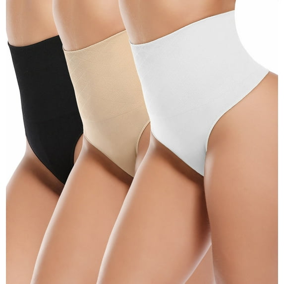 VASLANDA 3 Packs Women Basic Every-Day Shaping Panties Thong Underwear, Black+Beige+White S
