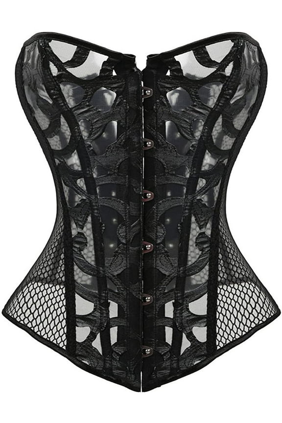 Black Mesh Corset Tops for Women Lace up Busiter lingerie Satin Overbust Shapewear Outfit for Christmas Costume Halloween Party