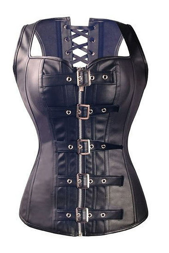 Faux Leather Steampunk Corset Dress Sexy Hollow Lace Bustier Skirt Overbust Shoulder Straps Cincher Lingerie