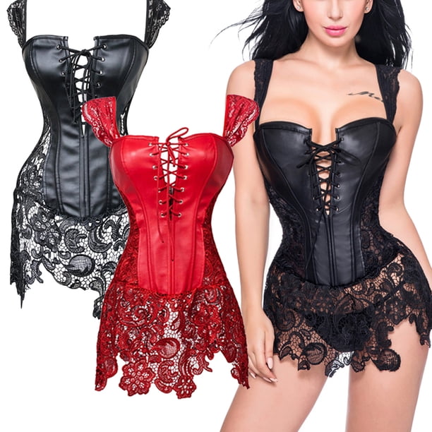 VASLANDA Faux Leather Steampunk Corset Dress Sexy Hollow Lace Bustier Skirt  Overbust Shoulder Straps Cincher Lingerie
