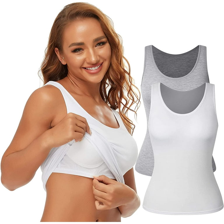 COMFREE Tank Tops for Women Basic Camisole with Built in Bra Casual Wide  Strap Undershirts Layer Top