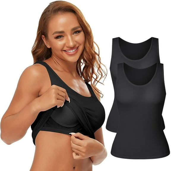 VASLANDA Tank Tops for Women Basic Camisole with Built in Shelf Bra Wide Strap Underskirts for Summer